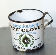 Dickenson's Ace Clover Pine Tree Timothy Seed Enamel Cup 2 3/4 Inches Tall picture