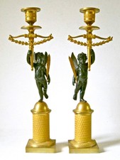 Pair French Empire Ormolu Gilt & Patinated Bronze Candlestick Holders c.1800 picture