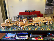 Vintage Handcrafted Wooden Semi Truck w/ Trailers Hauling Logs & Lumber Set picture