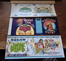 LOT of 3 antique ORIGINAL vegetable advertising can labels Native American art picture