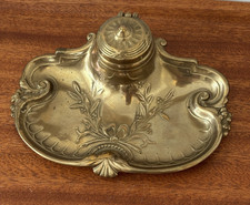 Antique Art Nouveau Brass Inkwell with Ceramic Insert picture
