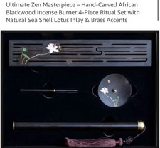 Handcrafted African Blackwood Incense Burner Set Mother of Pearl Inlay Lotus Art picture