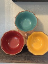 World Market 3-Bowl Handled Condiment Server Ceramic Blue Yellow Red Adjoined picture