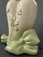 Vintage 50’s Lily Of The Valley Vase Muguet White Mint Green Bow Gold picture