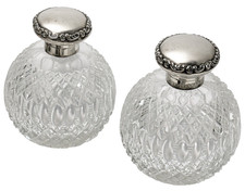 2 ANTIQUE ENGLISH STERLING SILVER HINGED TOP CUT GLASS SCENT PERFUME  BOTTLES picture