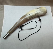 Vintage Natural Blowing Horn with Pewter Mouthpiece and Leather Hanging Cord picture