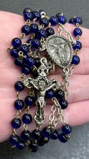 Vintage Catholic Cobalt Blue Glass Bead Rosary Crucifix Filigree Silver Tone 26” picture