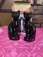 Pr 8.5” Vintage Mid Century MCM Artmark Halloween Black Cats Green Eyes Ceramic picture
