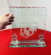 VTG USMC Etched Glass Stand Marine Corps EGA Eagle Large 13x13” Army Display picture