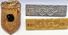 3pc Vintage 1935-1936 Historical Pin Lot - Berlin Olympics Gold/Silver Set & HJ  picture