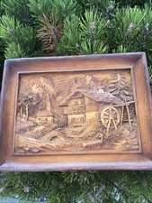 Antique Black Forest Painted Wood Carved Cottage Sculptural Panel 12X16”. picture