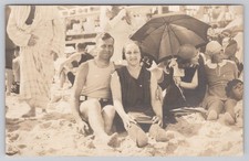 RPPC Beach Scene Couple in Bathing Suits Candid Smile Umbrella Boardwalk 1921 picture