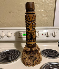 Water pipe/ bong Hand Carved Wooden Tiki Figurine w/ Straw hair picture