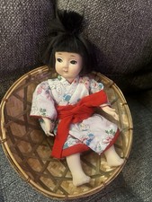 Vtg Japanese Ichimatsu Doll Kimono Butterfly Floral w/ Woven Bamboo Hat picture