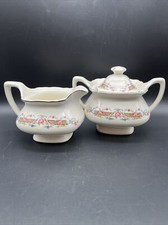 Vtg W. S. George Creamer Sugar Lido White 017A Lid 1930s Silver Edging Florals picture