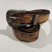 Vintage Don Ricardo Western Tooled Leather Belt Sterling Silver 10K Gold Buckle picture