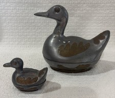 Pair of Vintage Pewter & Brass Duck Lidded Trinket Jewelry Box Made In Hong Kong picture