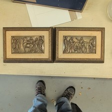 Pair Of Cast Bronze Framed Bas Reliefs, Roman Theme With Horses And Figures picture