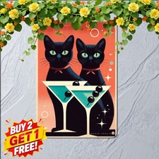 Atomic Retro Black Cat Space Sign Vintage Mid Century Modern Metal Tin Plaque picture