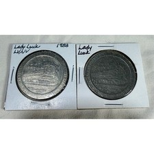 2 Vintage 1983 Lady Luck Casino Las Vegas $1 Gaming Tokens Franklin Mint Silver picture