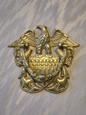 Vtg. Brass US Navy Eagle Anchor Shield 'Door Knocker' WWII Military Cap Insignia picture