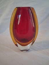 VTG Heavy Glass Art Decorative Vase Red Yellow Red Orange Clear Murano Style EUC picture