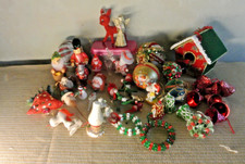 BIG LOT VTG FLOCKED FELT Bead plastic Bird House bells CHRISTMAS ORNAMENTS MCM picture