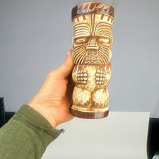 Hawaiian Tiki Style Brown & Tan Ceramic Mug/Cup Carved Face Figure Design picture