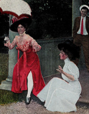 Shocked by a live wire 1908 Postcard red dress women umbrella stamped MDT girls picture