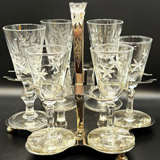 Vintage Farberware Brooklyn NY Chrome Cordial Caddy Set Cut Crystal Stemware 7pc picture