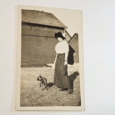 Vtg 1910s Azo Real Photo Post Card Lady And A Dog, Barn, Hat, Dress Style RPPC picture