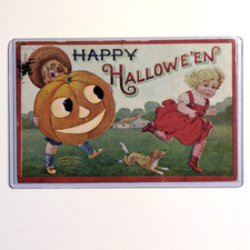 Antique 1908 Intl Art Halloween Postcard Large Pumpkin Children Dog picture