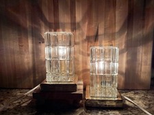VTG  7” MCM Hollywood Regency Stacked Glass Column Cube (2) Pair Lamps Portugal picture