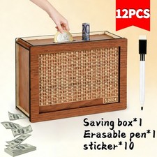 12pcs Wooden Money-Saving Box, Wooden Cash Safe Deposit Box with Target picture