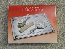 Godinger Silver Plated 4 Piece Vanity Set Brush Comb Mirror Tray NOS Vintage picture