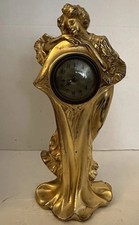 Antique Art Nouveau Figural Lady Spelter Bronze Mantle Clock 11” picture