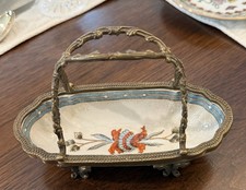 Vintage Chinese Crackle Glaze Ornate bronze Handle Basket Blue Flower picture
