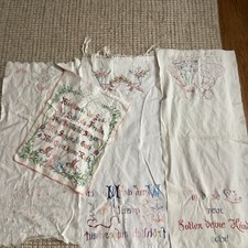 Vintage Lot 1930s Handmade Embroidered German Text Linens Table Runners picture