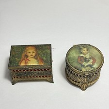 2 Vintage 1950s Trinket Jewelry Boxes Japan Satin Top Ornate Gold Tone Victorian picture