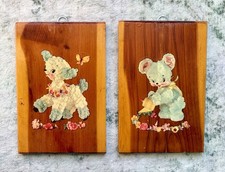 Vintage 1950s Meyercord Decal Wood Nursery Plaques Pair Lamb Bear Kitsch MCM 6x4 picture