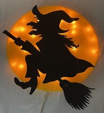 VTG ATICO Light Up Halloween Witch On Broom Full Moon Hanging Decoration 22” picture