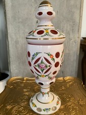 Antique bohemian glass, hand painted floral design picture