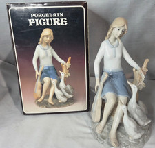 Vtg 9'' Kmart Japan Porcelain Figure Girl w/Guitar & Geese Blue/White Glossy picture
