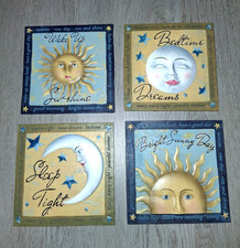 Vintage Set of 4 Celestial Sun Moon and Stars Hanging Wall Plaques Tiles Signs picture