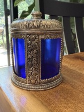 Antique Cobalt Blue Glass Dresser Jar Bonbonniere w Pewter Lid Circa Late 1800’s picture