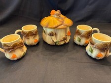 Vintage 1970s Homco Mushroom Ceramic Canister Jar Lid 1410 and 4 Mugs 1104 Japan picture