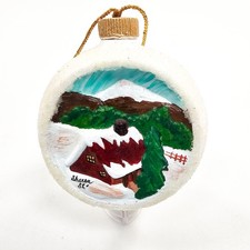 Vintage 1982 Hand Painted Ceramic Christmas Ornament Winter Cabin Scene Signed picture