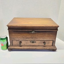 Massive Antique Hardwood Handmade Gentleman's Keepsake Jewelry Sewing Box picture