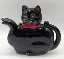 Vintage 1950s Shafford Black Cat Teapot Wall Pocket Red Bow Japan MCM Halloween picture