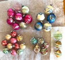 Vintage Flocked Painted Mercury Glass Christmas Tree Ornaments, Lot of 32 picture